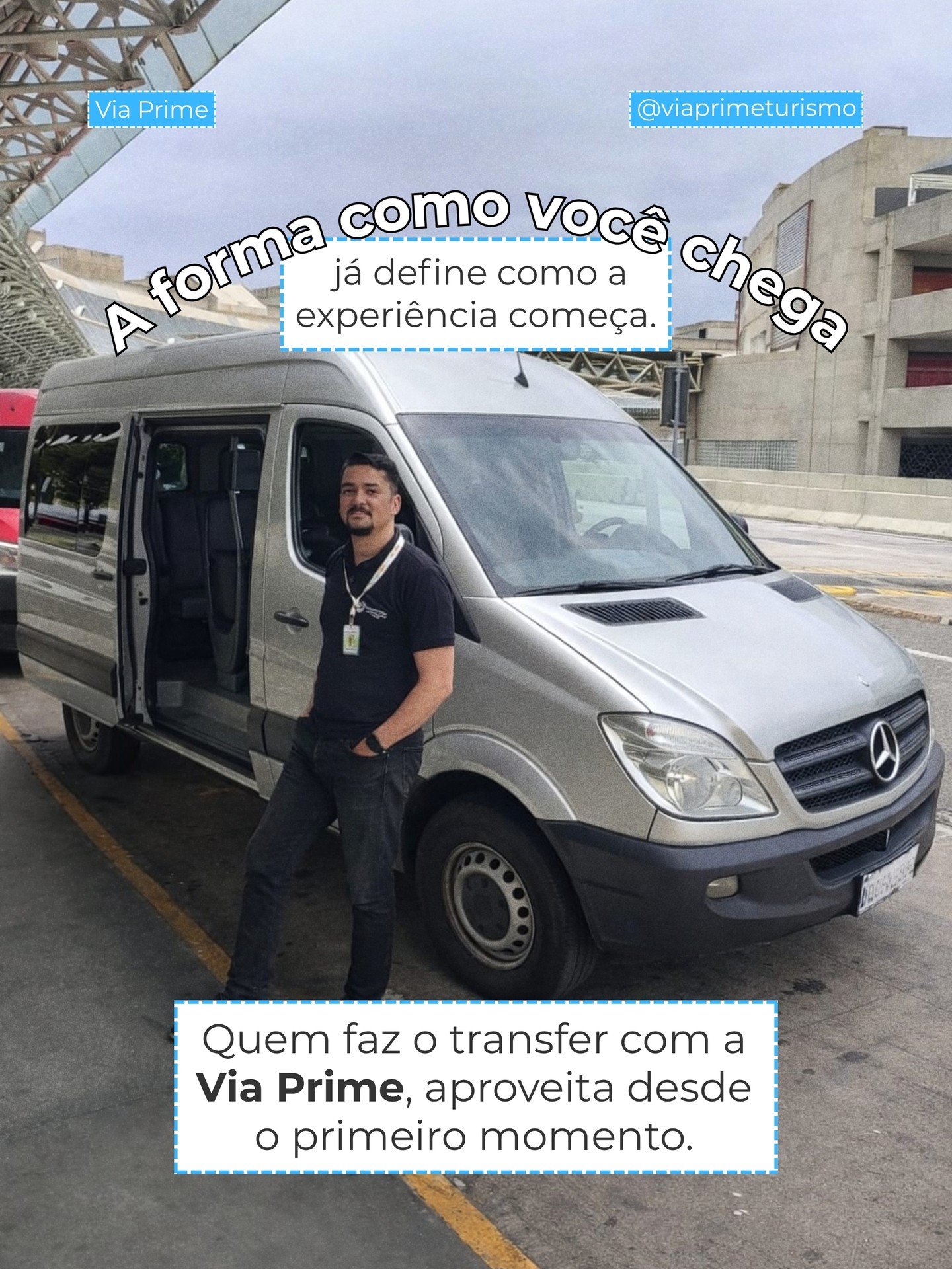 Motorista da Via Prime aguardando os passageiros no desembarque do aeroporto.